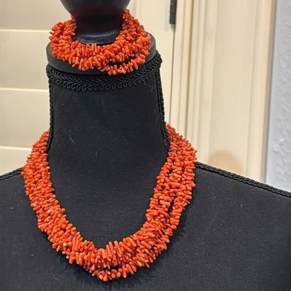 Vintage 5 Strand Natural Branch Mediterranean Coral Necklace & iBracelet - Picture 1 of 5